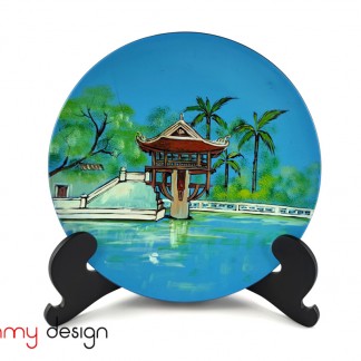 Blue round lacquer plate hand-painted with One Pillar pagoda included with stand 25 cm